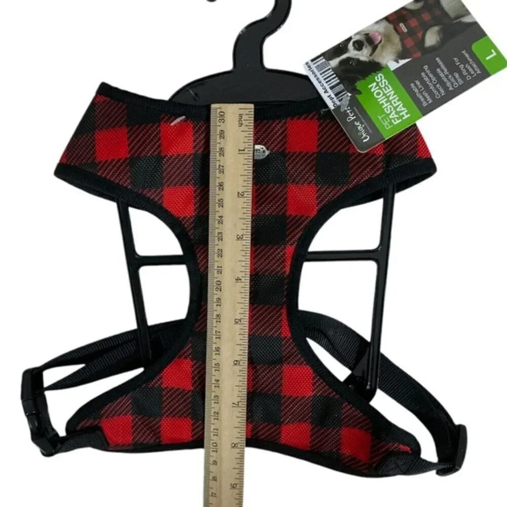 Unique Petz Dog Large Harness Red Black Tartan Plaid Comfy Adjustable SZ L